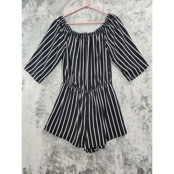 Ambiance Striped Off Shoulder 3/4 Sleeve Romper Jumpsuit Size L Black White - Picture 1 of 10